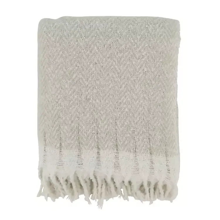 Blankets & Throws>Kirklands Home Natural Herringbone Faux Mohair Throw Ivory