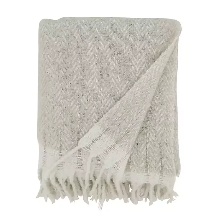Blankets & Throws>Kirklands Home Natural Herringbone Faux Mohair Throw Ivory