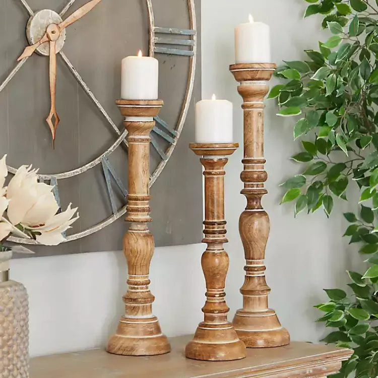 Candle Holders>Kirklands Home Natural Mango Wood Carved Candle Holders, Set of 3 Tan