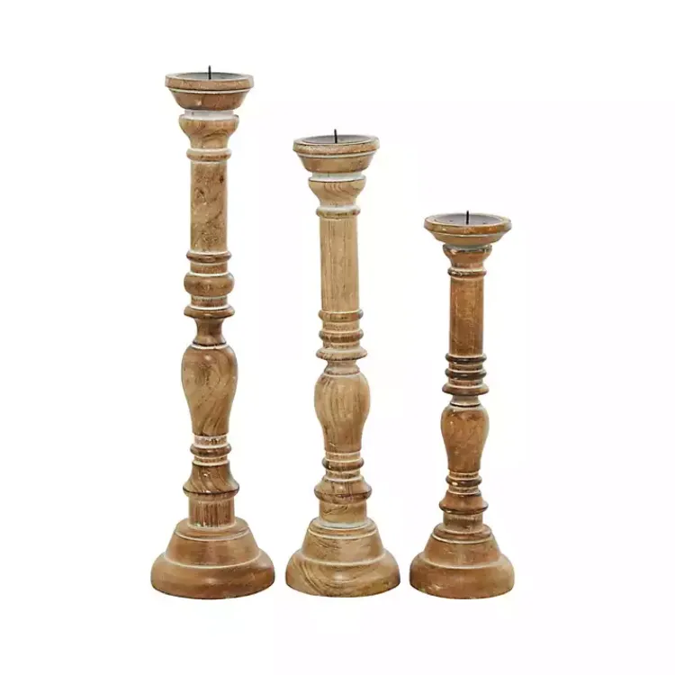 Candle Holders>Kirklands Home Natural Mango Wood Carved Candle Holders, Set of 3 Tan