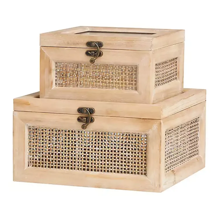 Baskets & Boxes>Kirklands Home Natural Rat and Glass Top Boxes, Set of 2 Tan