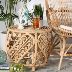 Kirklands Home Natural Rat Open Woven Accent Table Tan