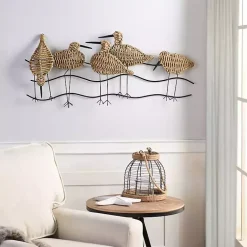 Kirklands Home Natural Seagrass and Metal Birds Wall Plaque New
