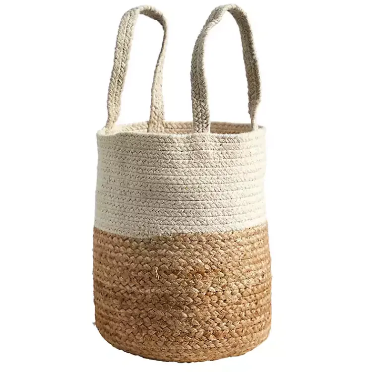 Baskets & Boxes>Kirklands Home Natural Tan and White Jute Basket with Handles