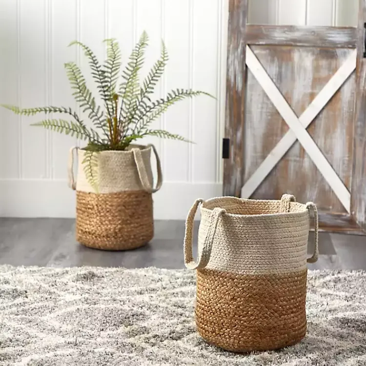 Baskets & Boxes>Kirklands Home Natural Tan and White Jute Basket with Handles