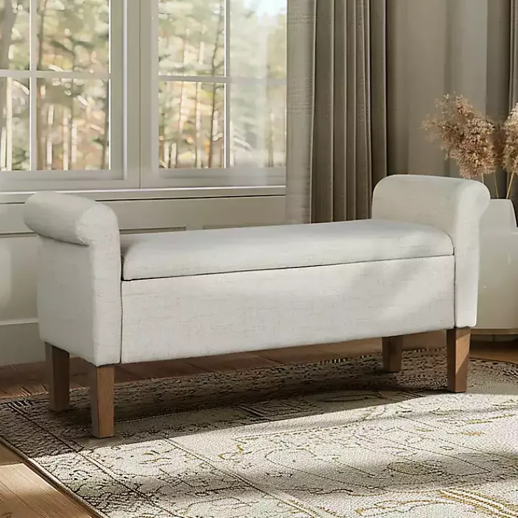 Kirklands Home Natural Upholstered Aubrey Storage Bench Ivory Hot