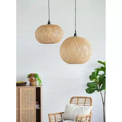 Kirklands Home Natural Wide Woven Bamboo Globe Pendant Light