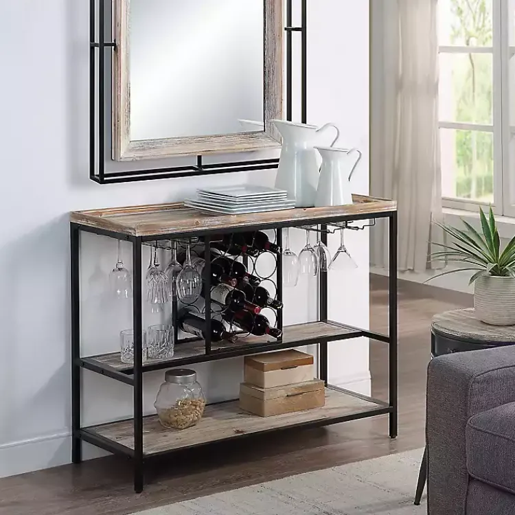 Kirklands Home Natural Wood & Black Metal Wine Rack Console Table New