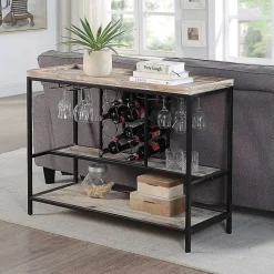 Kirklands Home Natural Wood & Black Metal Wine Rack Console Table New