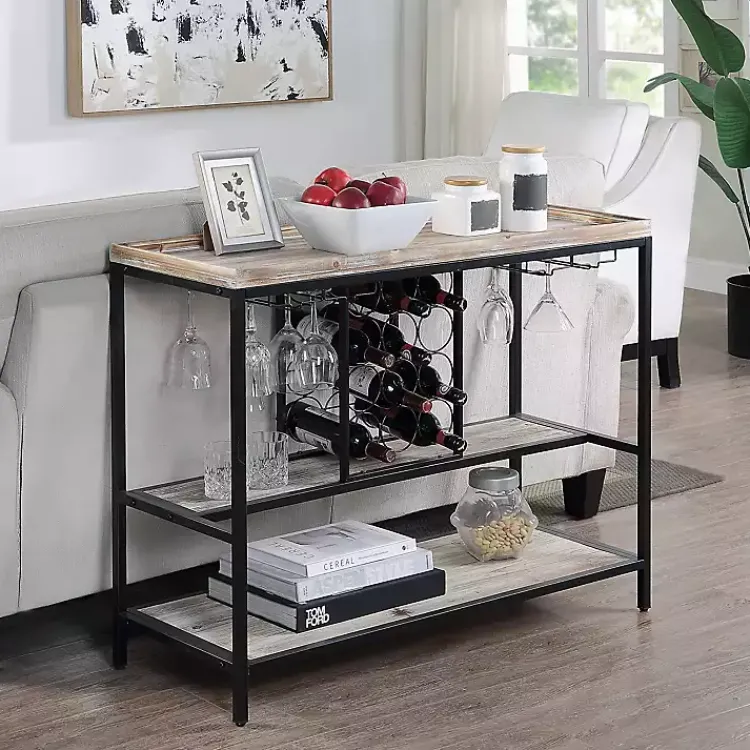 Kirklands Home Natural Wood & Black Metal Wine Rack Console Table New