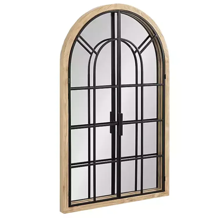 Kirklands Home Natural Wood and Metal Arch Windowpane Wall Mirror Clearance