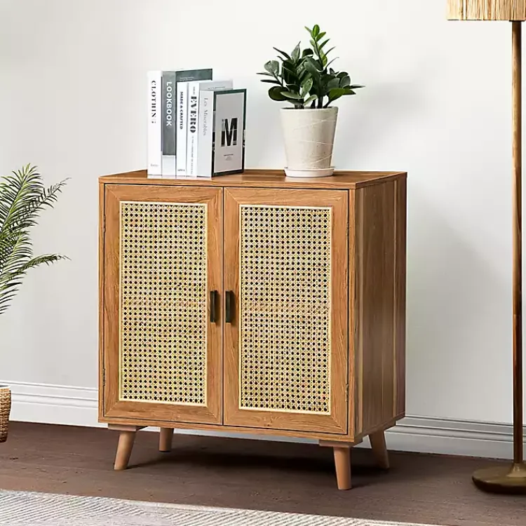 Kirklands Home Natural Wood and Rattan 2-Door Cabinet Brown Clearance