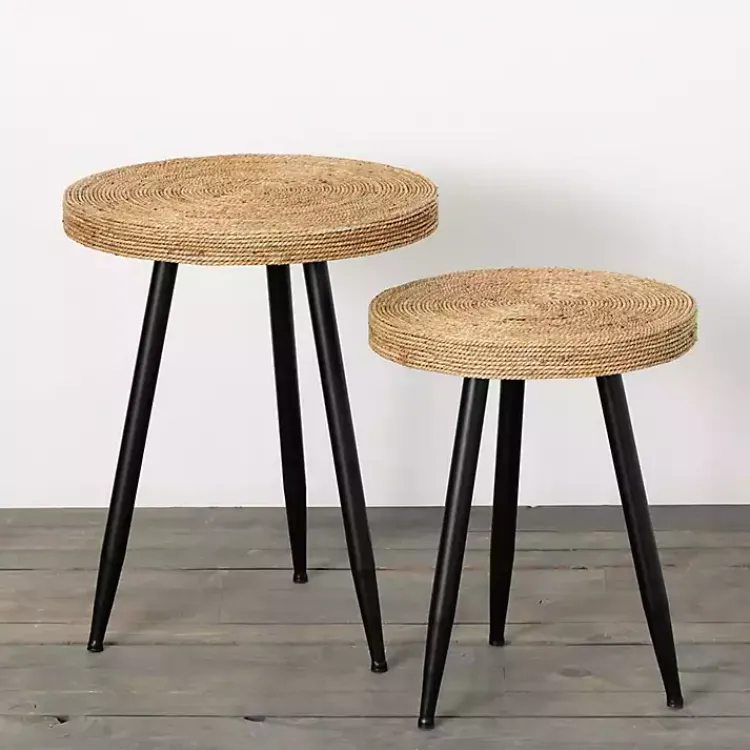 Kirklands Home Natural Wood and Seagrass Accent Tables, Set of 2 Tan