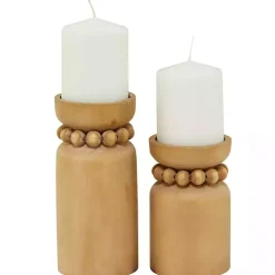Candle Holders>Kirklands Home Natural Wood Beaded Candle Holders, Set of 2 Tan