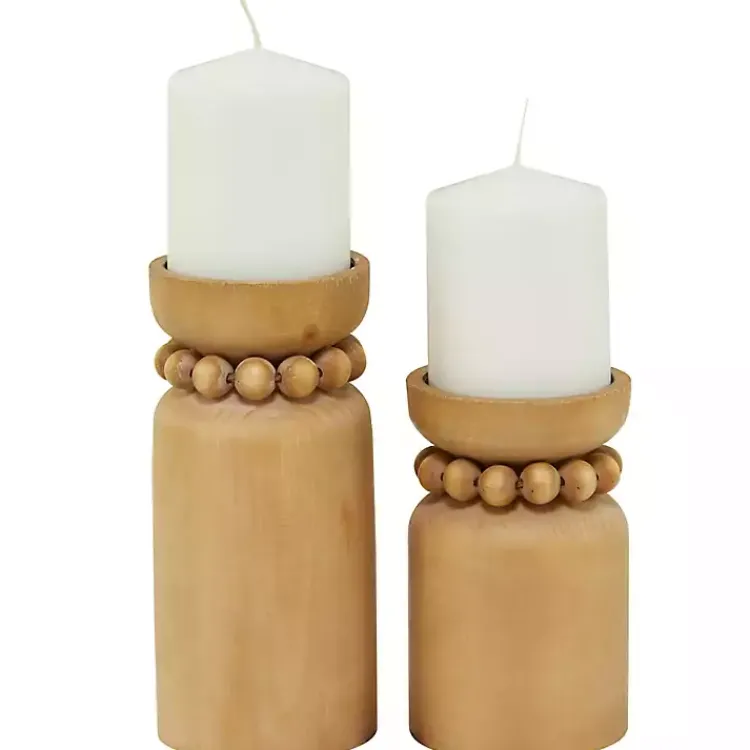 Candle Holders>Kirklands Home Natural Wood Beaded Candle Holders, Set of 2 Tan