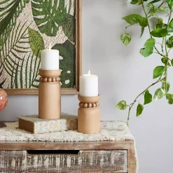 Candle Holders>Kirklands Home Natural Wood Beaded Candle Holders, Set of 2 Tan