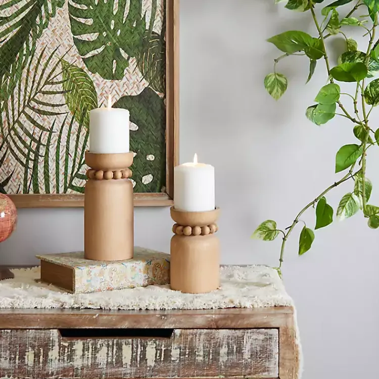 Candle Holders>Kirklands Home Natural Wood Beaded Candle Holders, Set of 2 Tan