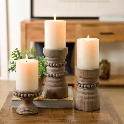 Candle Holders>Kirklands Home Natural Wood Beaded 3-pc. Pillar Candle Holder Set Brown