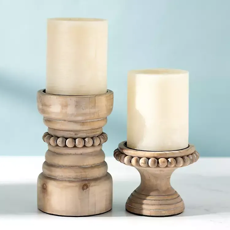 Candle Holders>Kirklands Home Natural Wood Beaded Pillar Candle Holder, 4 in. Brown