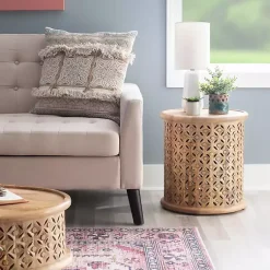 Kirklands Home Natural Wood Carved Diamonds Accent Table Tan Outlet
