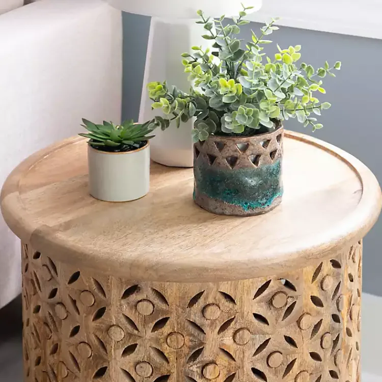 Kirklands Home Natural Wood Carved Diamonds Accent Table Tan Outlet