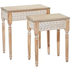 Kirklands Home Natural Wood Carved Leaf Accent Tables, Set of 2 New