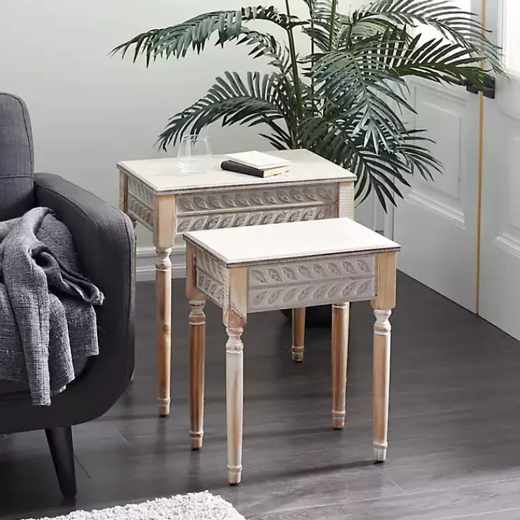 Kirklands Home Natural Wood Carved Leaf Accent Tables, Set of 2 New