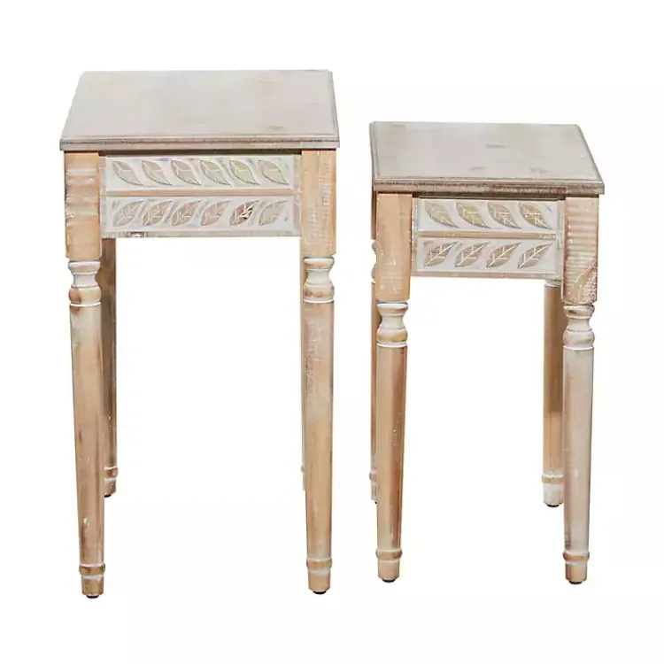 Kirklands Home Natural Wood Carved Leaf Accent Tables, Set of 2 New