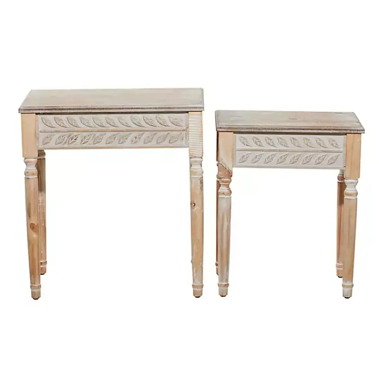 Kirklands Home Natural Wood Carved Leaf Accent Tables, Set of 2 New