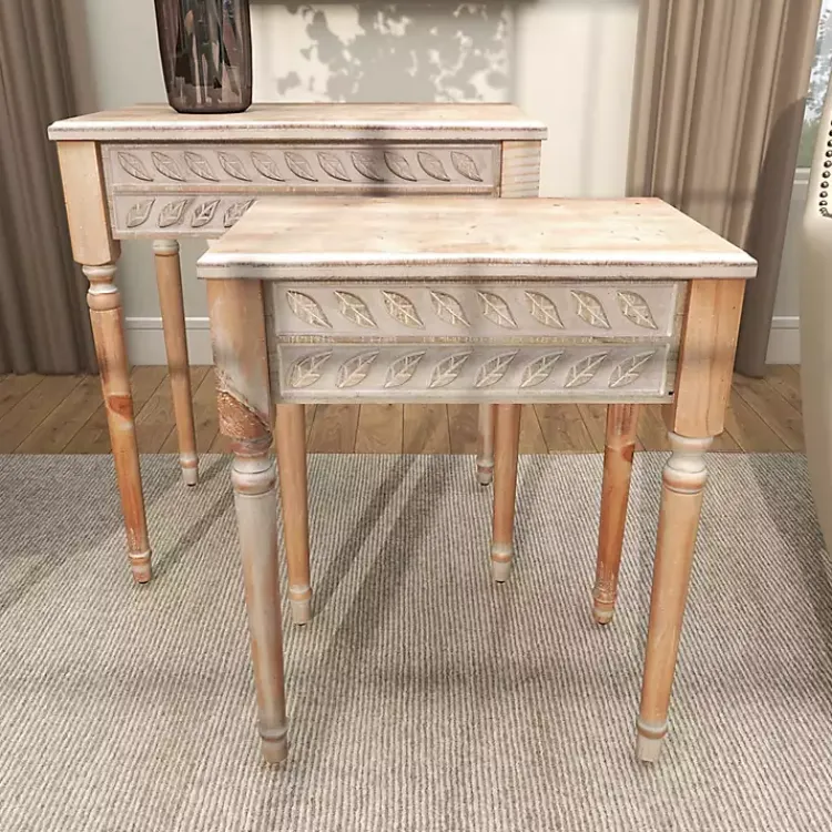 Kirklands Home Natural Wood Carved Leaf Accent Tables, Set of 2 New