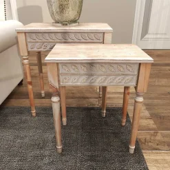 Kirklands Home Natural Wood Carved Leaf Accent Tables, Set of 2 New