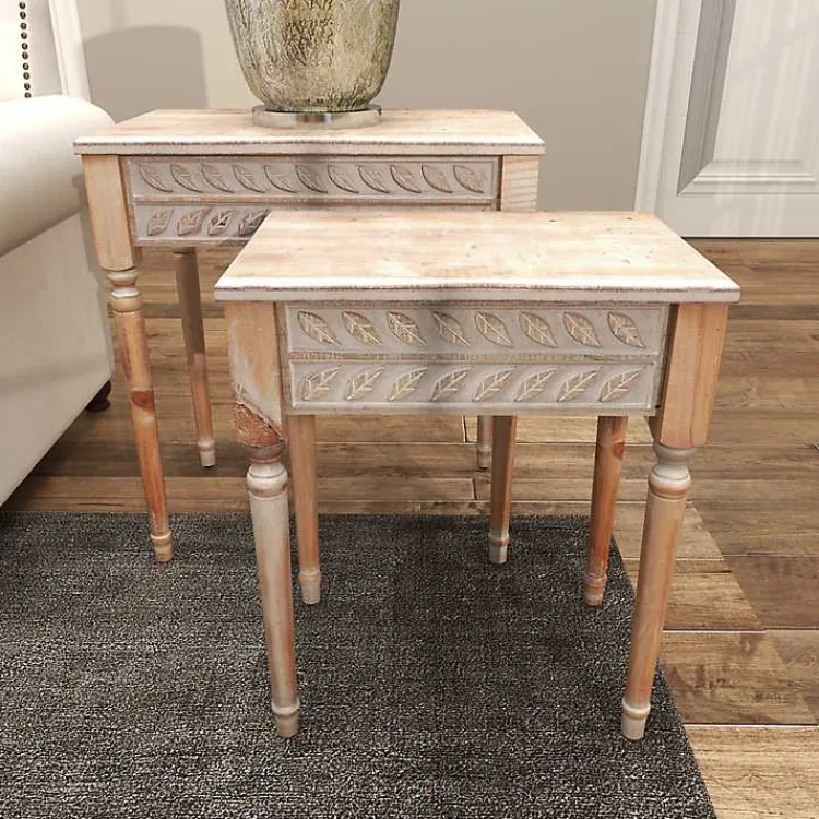 Kirklands Home Natural Wood Carved Leaf Accent Tables, Set of 2 New