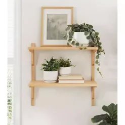 Kirklands Home Natural Wood Traditional Two-Tiered Wall Shelf Tan New