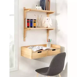 Kirklands Home Natural Wood Traditional Two-Tiered Wall Shelf Tan New