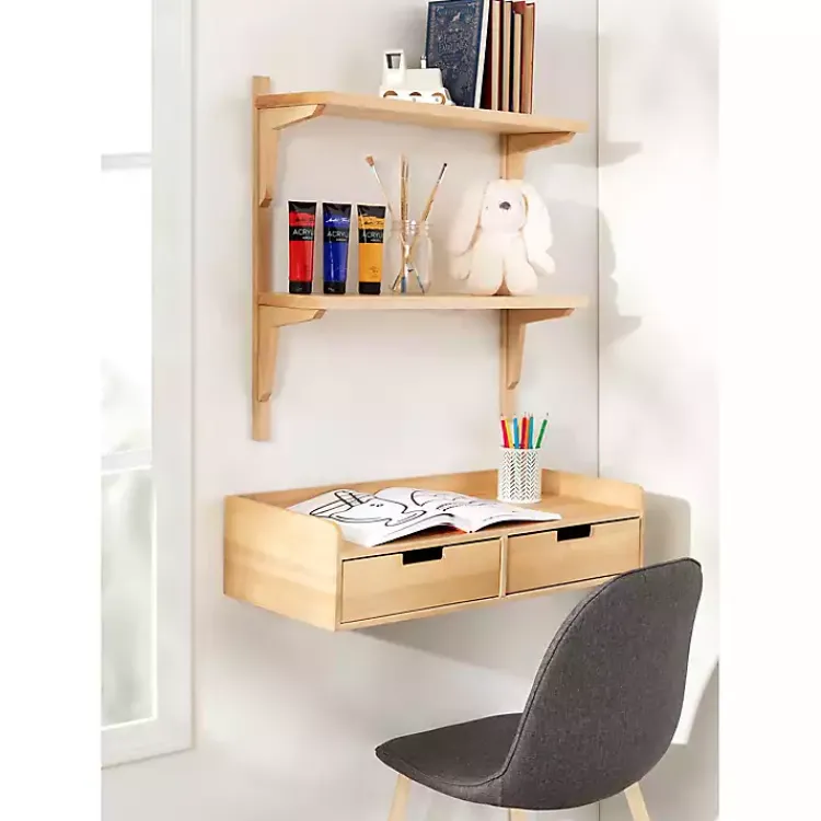 Kirklands Home Natural Wood Traditional Two-Tiered Wall Shelf Tan New