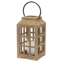 Lanterns>Kirklands Home Natural Wood Windowpane Lantern, 17 in. Tan