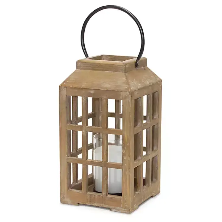 Lanterns>Kirklands Home Natural Wood Windowpane Lantern, 17 in. Tan