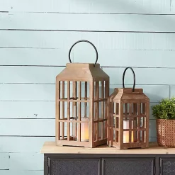 Lanterns>Kirklands Home Natural Wood Windowpane Lantern, 17 in. Tan