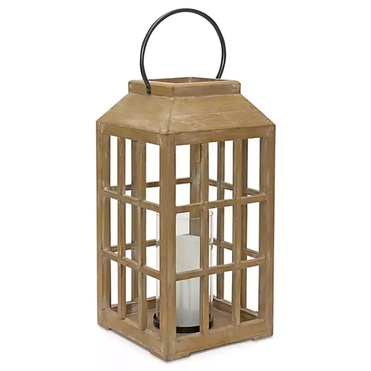 Lanterns>Kirklands Home Natural Wood Windowpane Lantern, 22 in. Tan