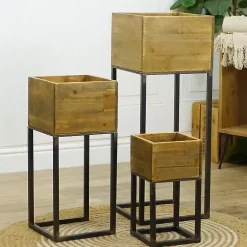 Kirklands Home Natural Wood with Metal Base Planters, Set of 3