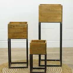 Kirklands Home Natural Wood with Metal Base Planters, Set of 3