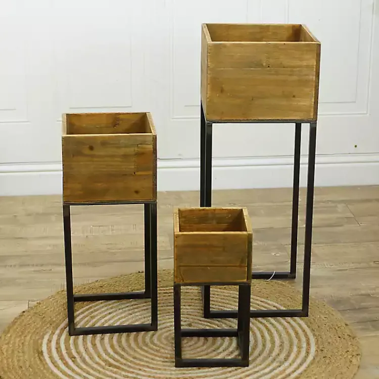 Kirklands Home Natural Wood with Metal Base Planters, Set of 3