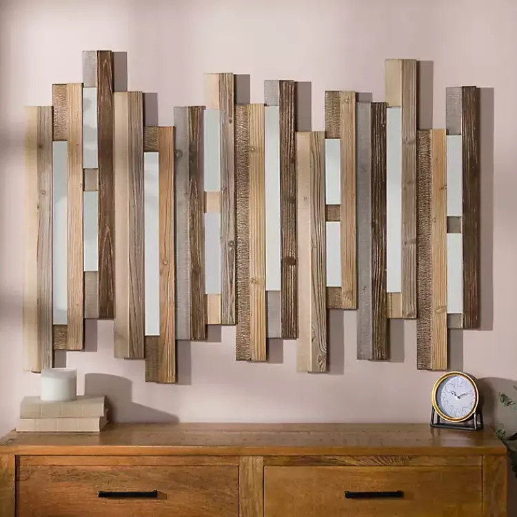 Kirklands Home Natural Wooden Planks Mirrored Wall Plaque Tan Clearance