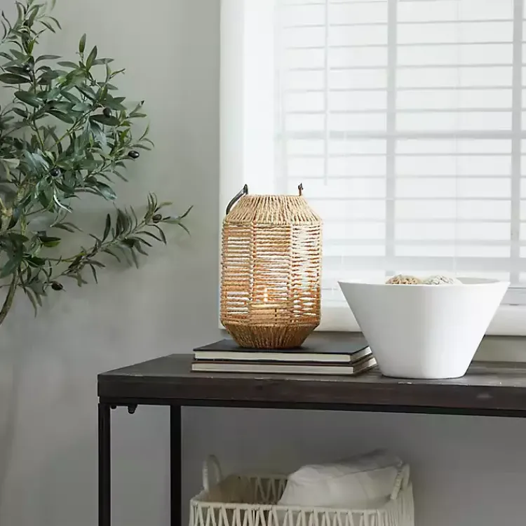 Lanterns>Kirklands Home Natural Woven Lantern with Glass Holder, 12in. Brown