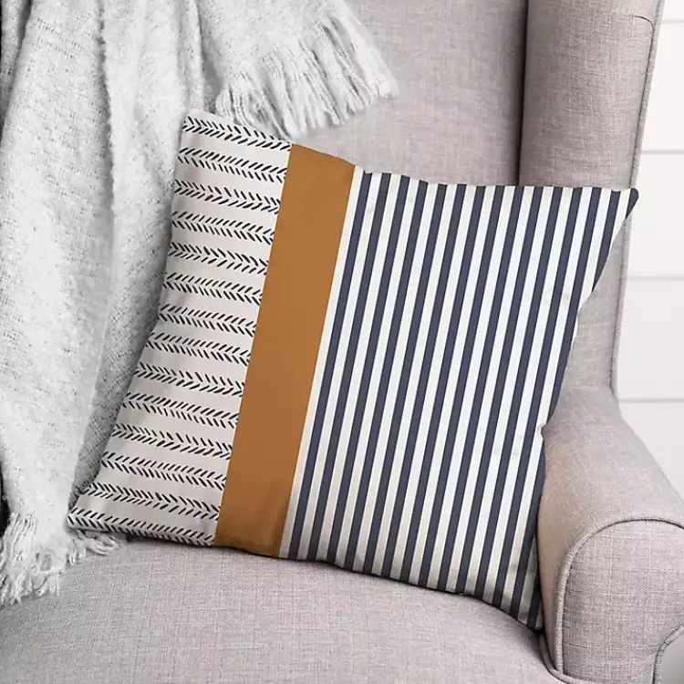 Kirklands Home Navy & Burnt Orange Stripes Indoor/Outdoor Pillow New