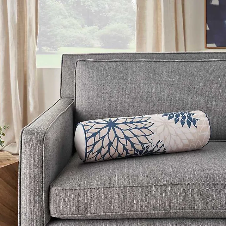 Kirklands Home Navy and Beige Floral Outdoor Bolster Pillow Blue