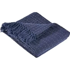 Blankets & Throws>Kirklands Home Navy and Cream Stitch Fringe Throw Blue
