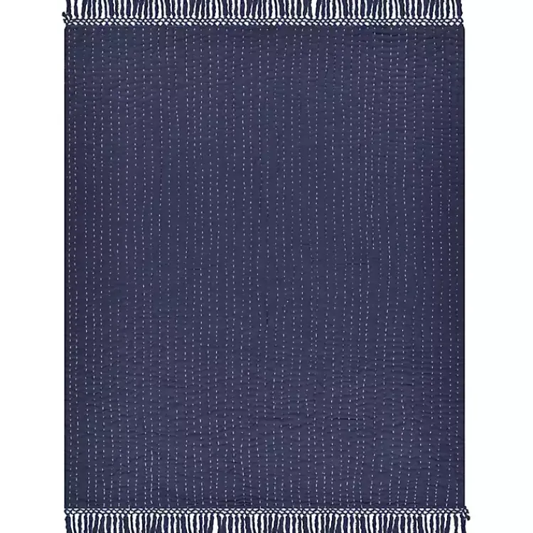 Blankets & Throws>Kirklands Home Navy and Cream Stitch Fringe Throw Blue