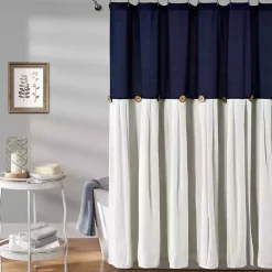Kirklands Home Navy and White Button Accent Linen Shower Curtain Blue Clearance