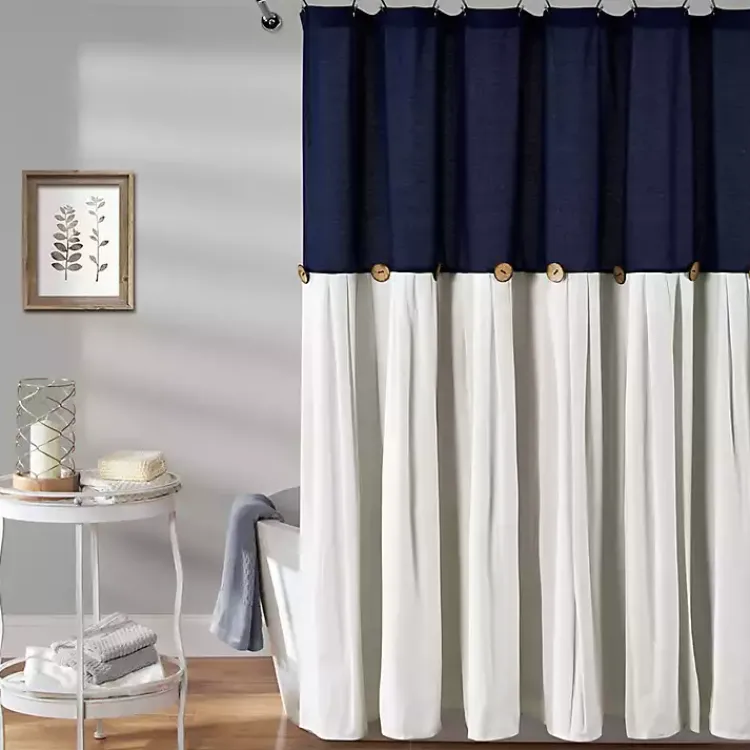 Kirklands Home Navy and White Button Accent Linen Shower Curtain Blue Clearance